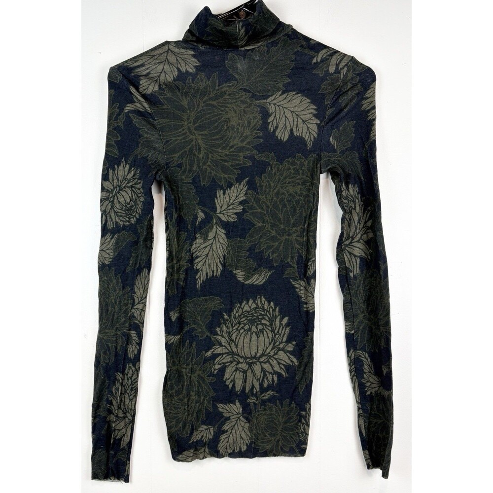 COS Women's Blouse Turtleneck Top Merino Wool Green Floral Small Stretch Luxe - Picture 8 of 9